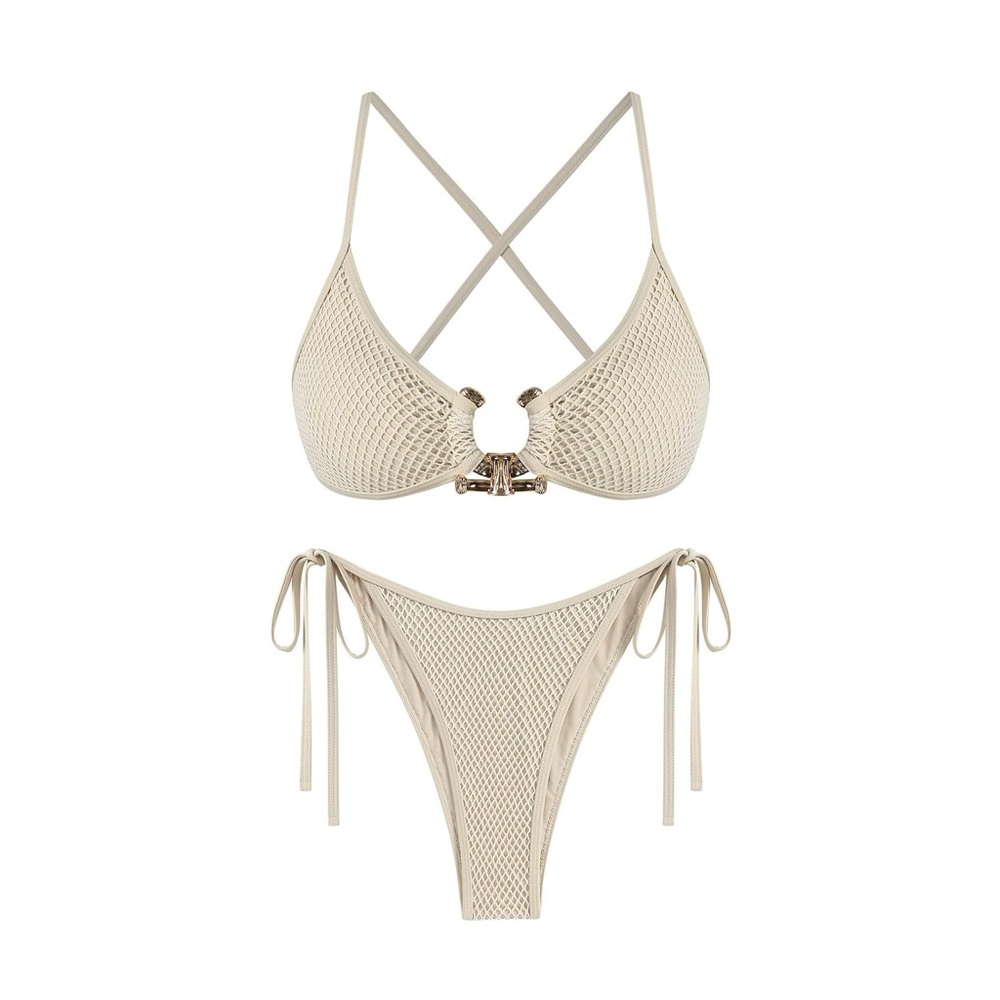 BRAND NEW 🤍 Bikini String Set Triangle Top High Leg Bottom Ivory Cream Gold